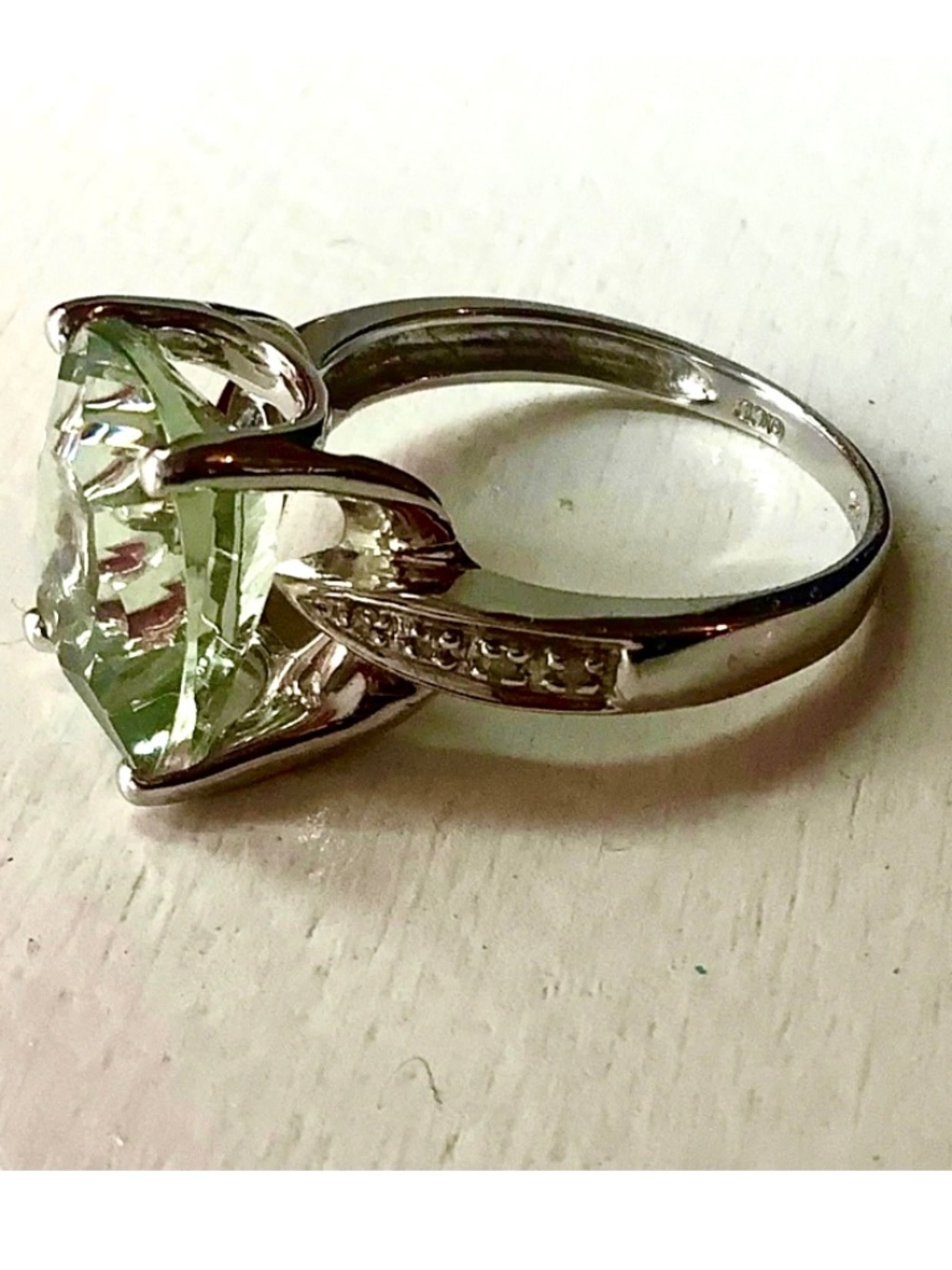 High Mount 14k White Gold  Prasiolite (12mm x 10mm) with Diamond Accent Ring